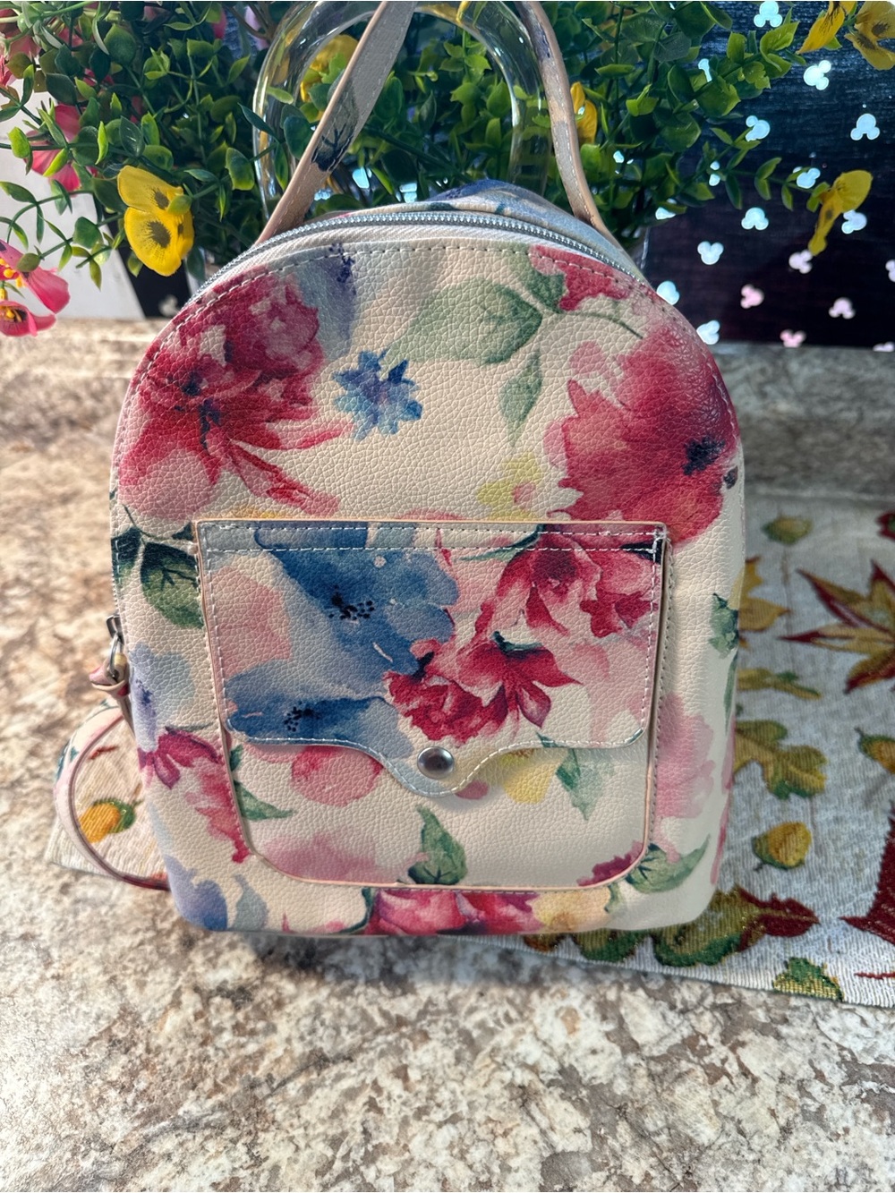 Floral Print Mini Backpack in Pink & Blue